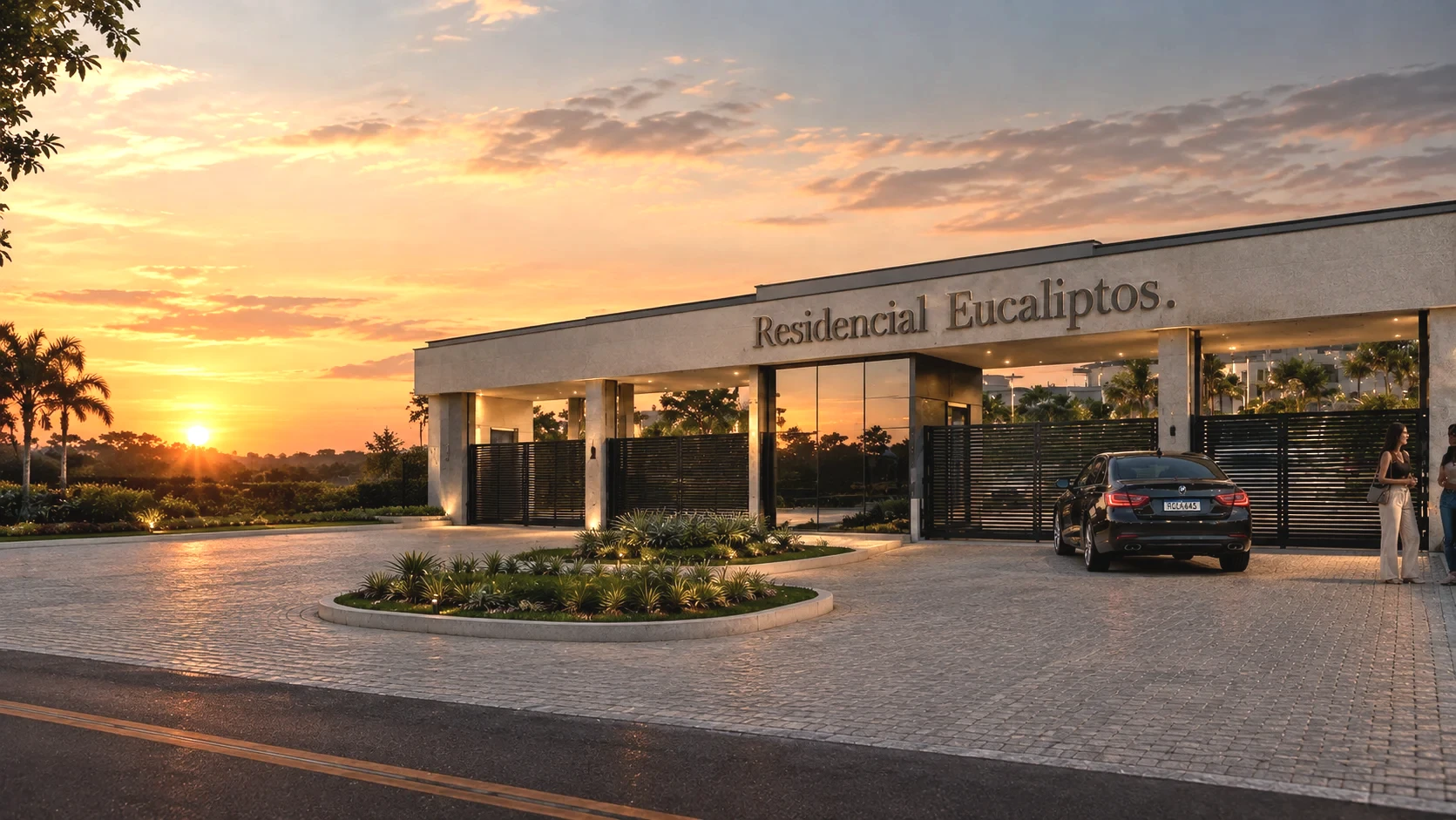 Entrada do Residencial Eucaliptos ao entardecer — condomínio de casas da Factual em Itapecerica da Serra – SP