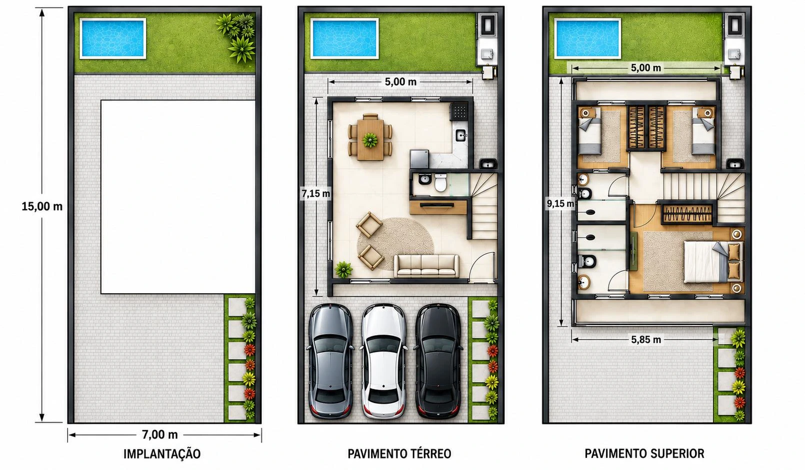 Planta da casa modelo: implantação, pavimento térreo e superior